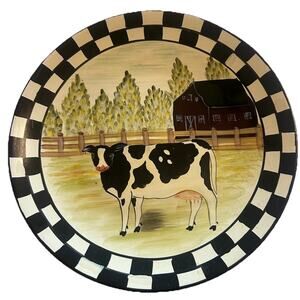 NWT MayRich Company Cow Farm Scene 10.5” Decorative Plate Black White Check Trim